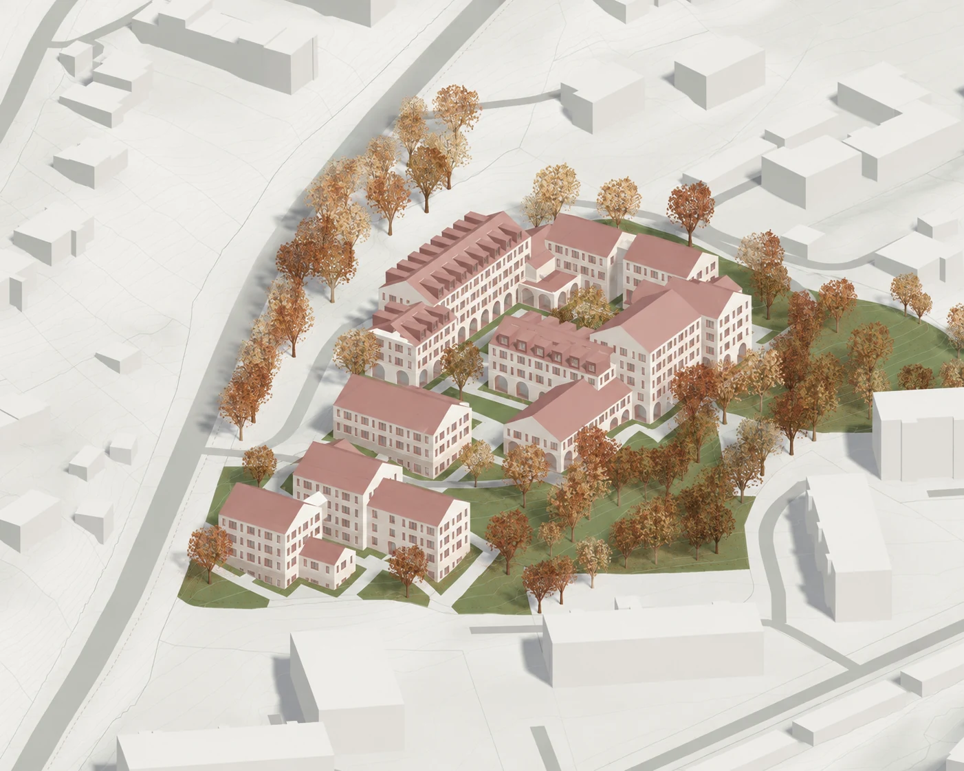 Arkitekturvisualisering av boligbebyggelse rundt et gårdsrom i grønt landskap