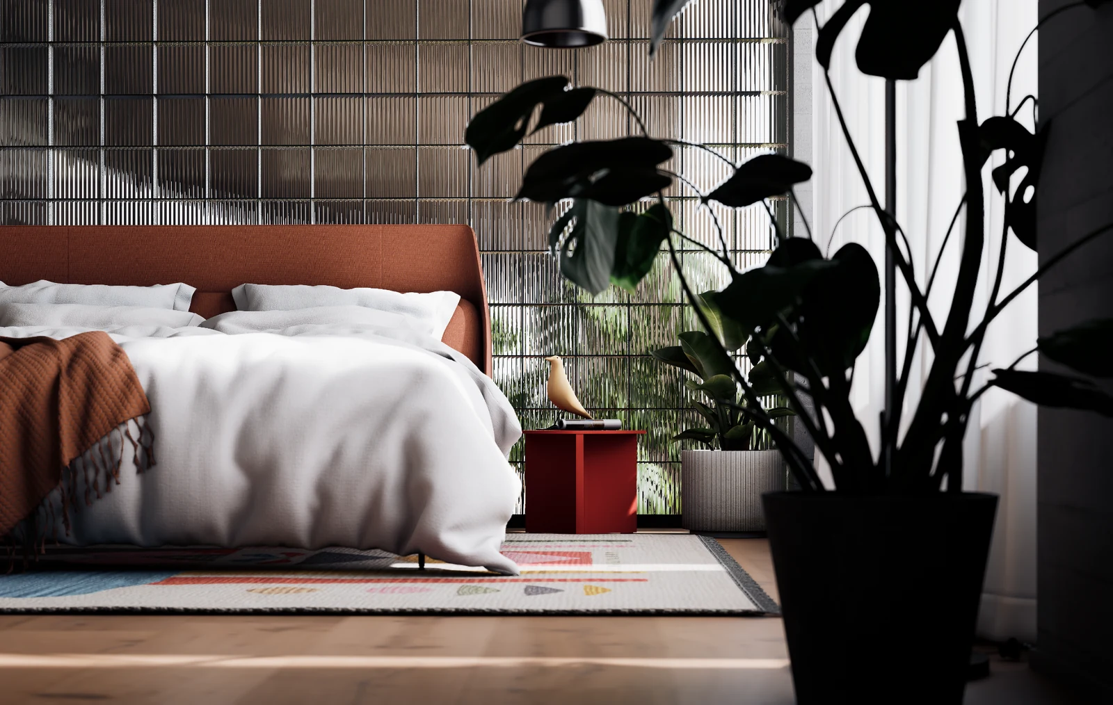Interiørvisualisering av et soverom med tekstiler, glassvegg og store planter