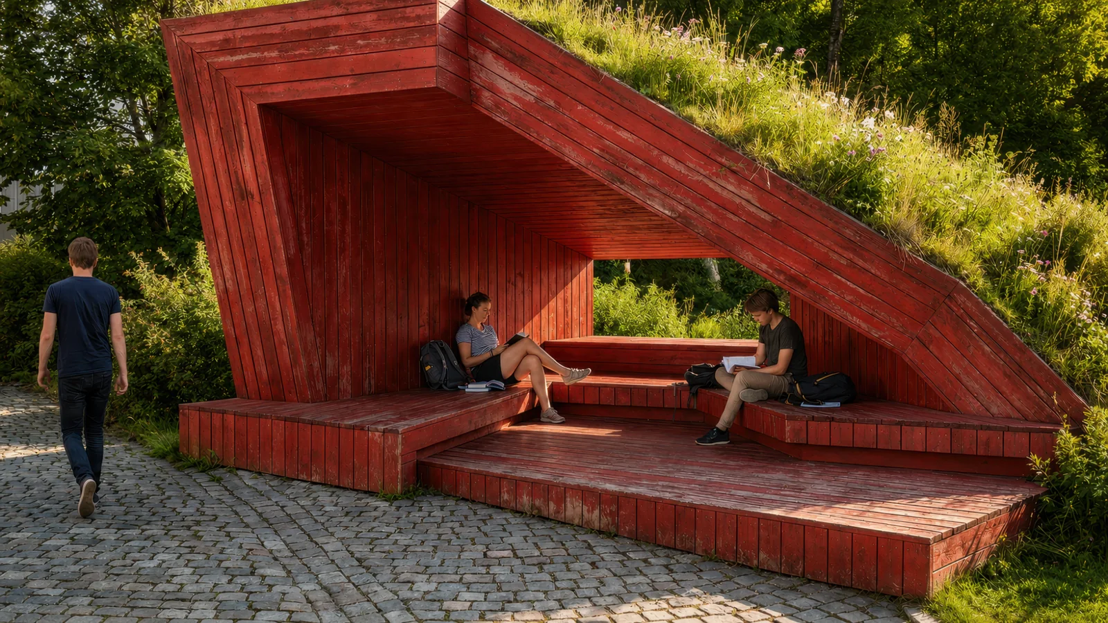 Visualisering av rød trepaviljong med grønt tak, mennesker og brosteinsdekke